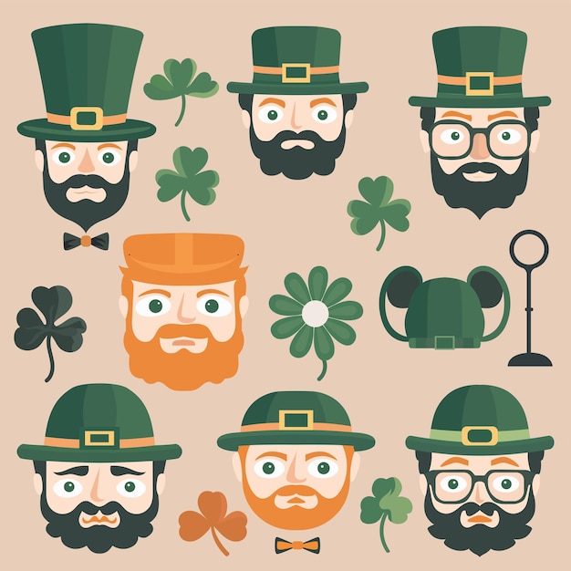 Vector flat style different leprechaun man faces and clover leaves icons decorated on peach background st patrick's day concept