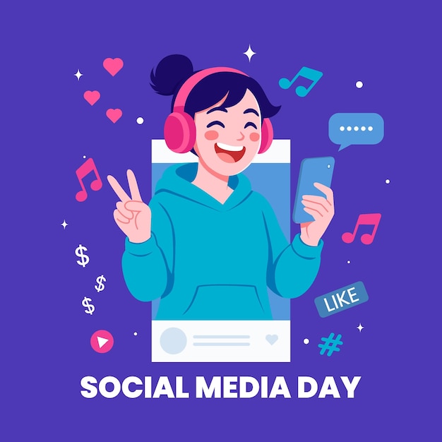 flat style digital illustration of a happy girl celebrating social media day with headphones