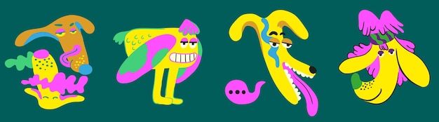 flat style dog portraits five psychedelic dogs in yellow and pink colors mysterious characters