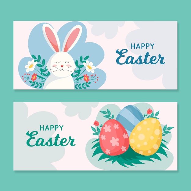 Flat style easter day banners with bunny