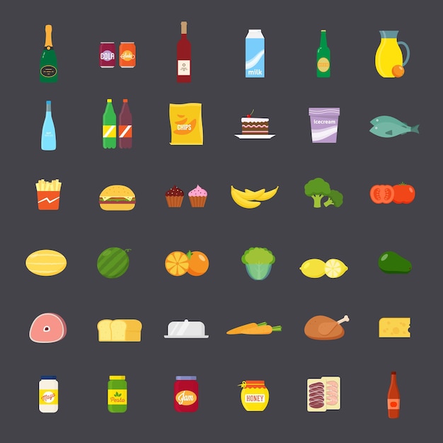 Vector flat style food and beverages icon set big and colorful