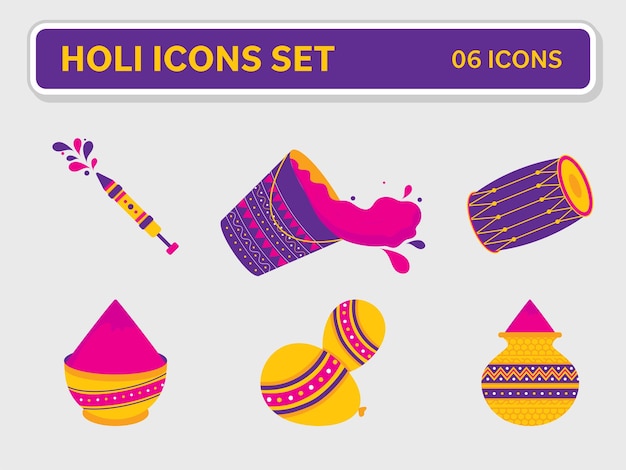 Flat Style Holi Festival 06 Icon Set On Grey Background