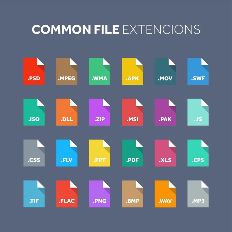 Vector flat style icon set source code programming file type extension document format pictogram web and multimedia computer technology