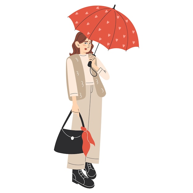 Flat Style Illustratie van een vrouw in trendy herfst casual wear met paraplu Stylish Rainy Day Look