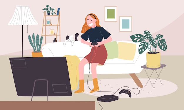 Vector flat style illustration of cartoon woman character playing game in living room. daily life activity during quarantine. concept of hobby ideas that can do at home.