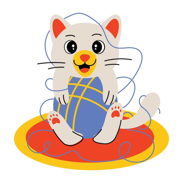 Vector a flat style illustration of a cat playing with a yarn ball