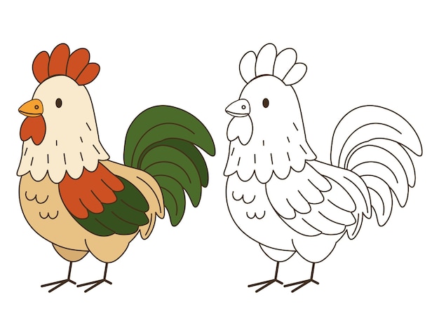flat style illustration of a colorful rooster with a matching black and white version perfect for