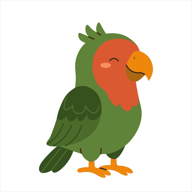 Flat style illustration of a cute green parrot with orange face standing happily ideal for childrens books educational materials and animalthemed designs