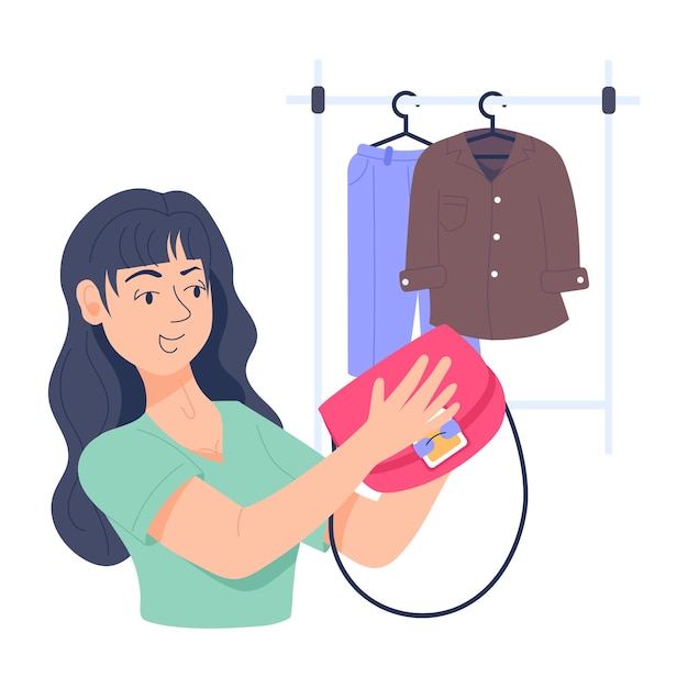 Flat style illustration depicting a woman buying purse