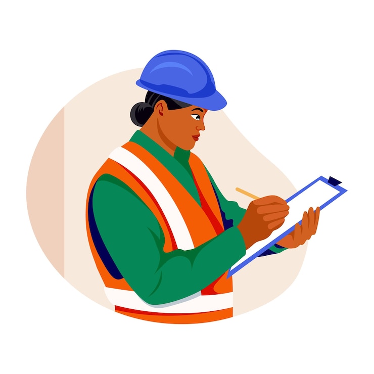 Vector flat style illustration of female character doing safety inspection
