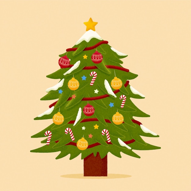 Vector flat style illustration of a fully decorated christmas tree over yellow background