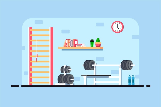 Vector flat style illustration of gym interior. heavy barbell, barbell rack and additional gym equipment.
