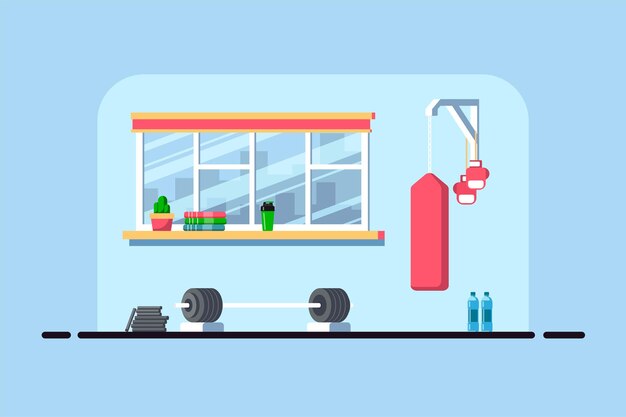 Flat style illustration of gym interior. heavy barbell for deadlift and additional gym equipment.