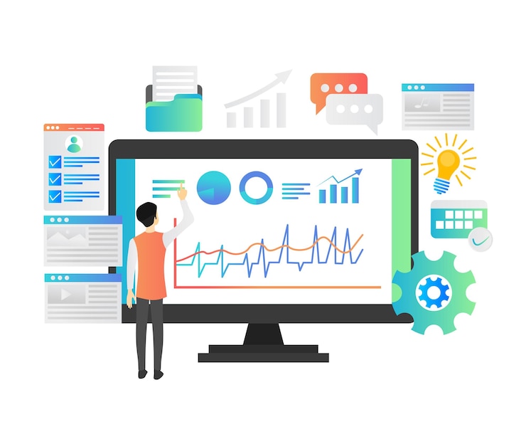 Vector flat style illustration of a man analyzing seo data