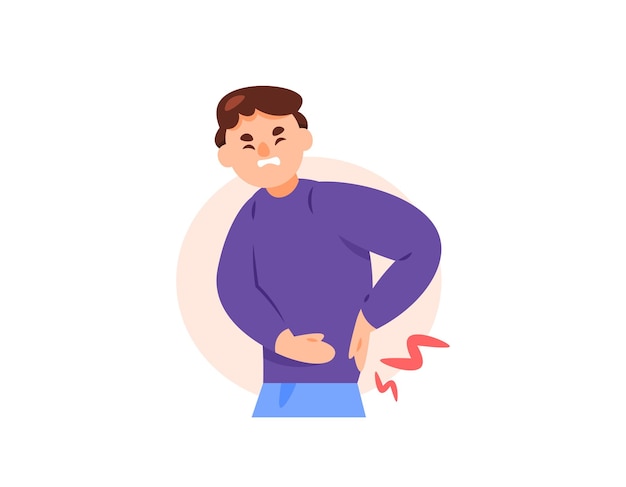 腰や腰部の痛みを感じている男性の平らなスタイルのイラスト