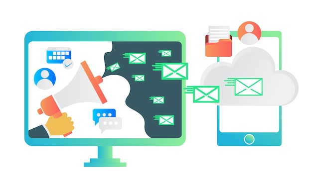 Flat style illustration of marketing strategy with email from computer to smartphone