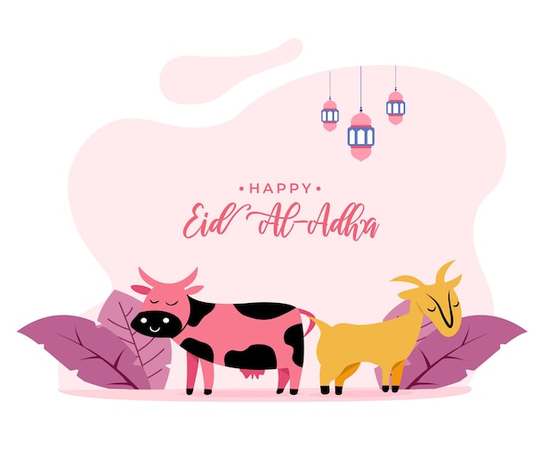 벡터 이드 알 adha 인사말 개념 이슬람 휴일에 대한 염소와 암소의 평면 스타일 그림