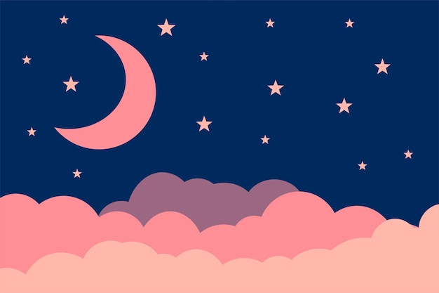 Illustrazione di stile piatto rosa luna stelle nuvole sfondo design