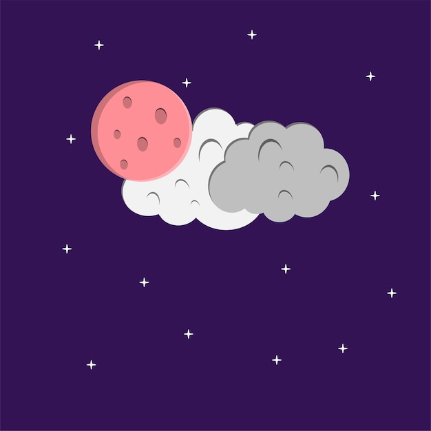 Flat style illustration pink moon white stars and white clouds