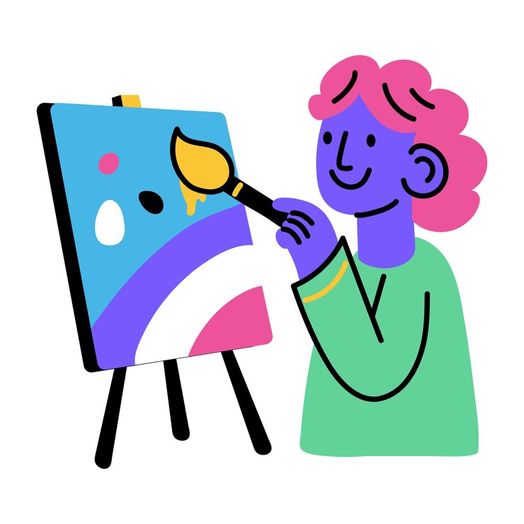 Vector a flat style illustration showing an artist painting on canvas