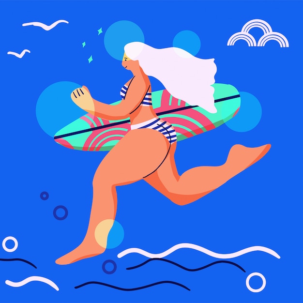 Vector flat style illustration. summer beach surfing illustration. longboard women surfing