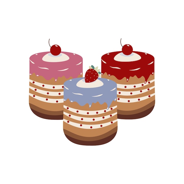 色とりどりのアイシングチェリーとイチゴの3層のケーキのフラットスタイルのイラスト