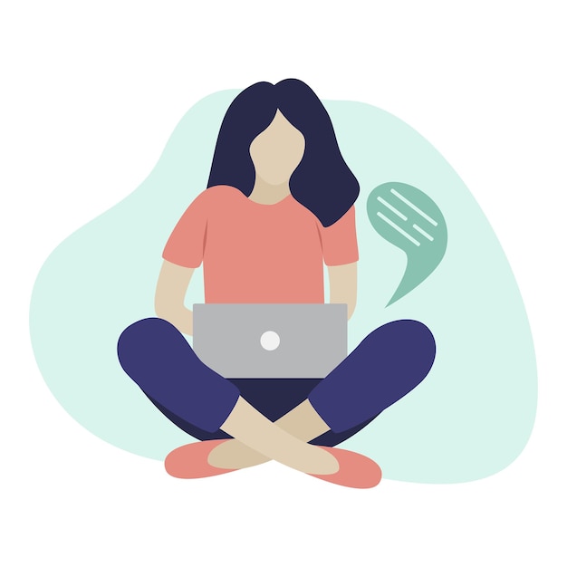 Flat style illustration woman sitting and working on laptop