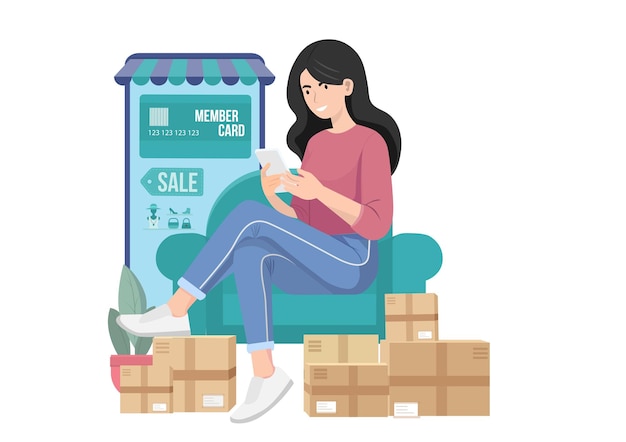 flat style illustration young woman shopping online by using a credit card
