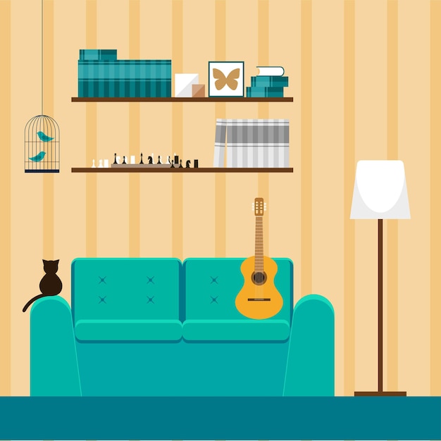 Flat style interior design. Interior with green couch and cat and guitar