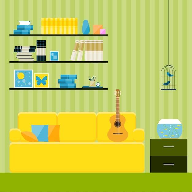 Flat style interior design. interior with yellow couch and guitar