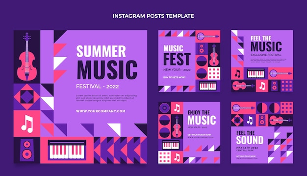 Vettore post di instagram del festival di musica a mosaico in stile piatto