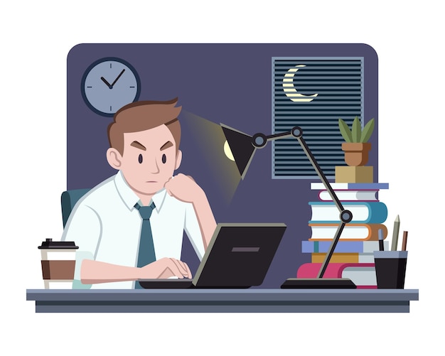 flat style office man working at night cartoon illustration