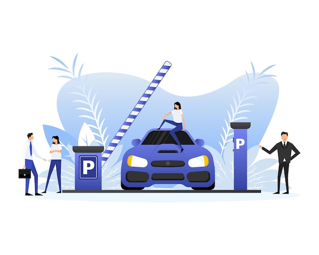 Flat style parking with car and people cartoon vector illustration