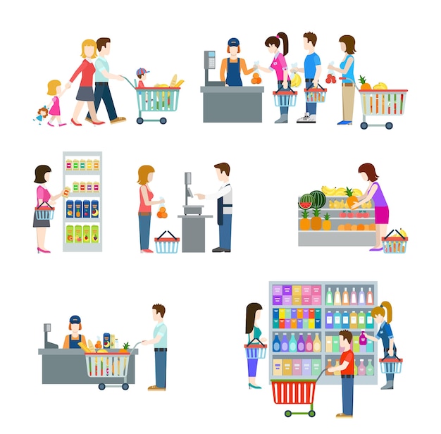 Flat style people in shopping mall supermarket grocery shop figure icons