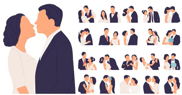 Flat style portrait bride and groom big set isolated vector