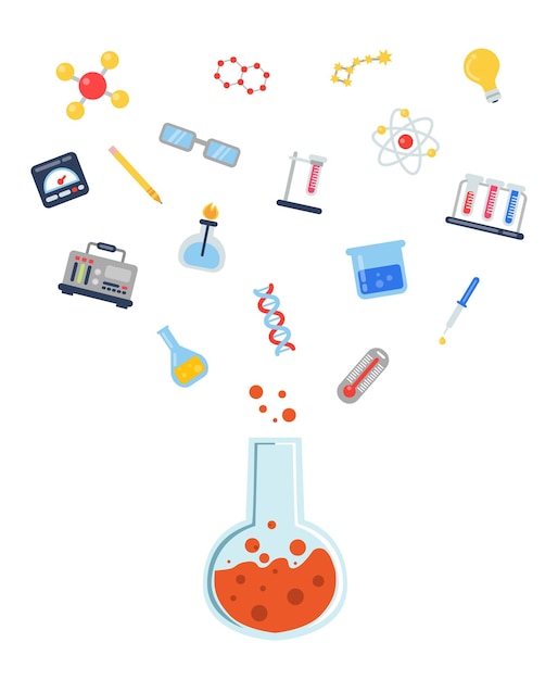 flat style science icons flying above vial concept illustration