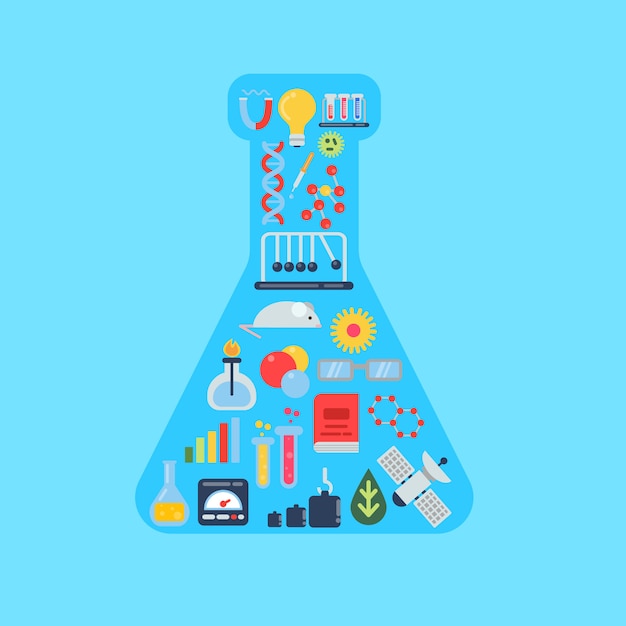 Vector flat style science icons in form of chemical vial illustration. medicine and chemical, biology research molecular