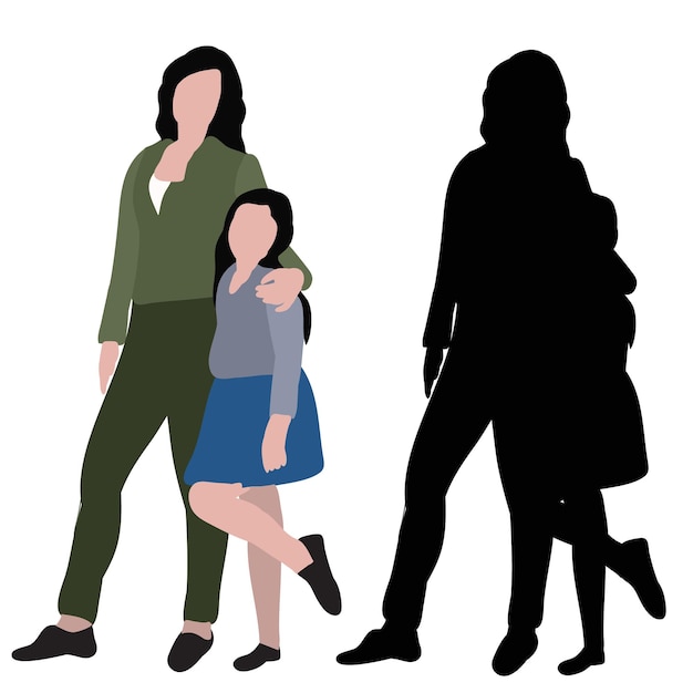 Vector flat style and silhouette of mom and daughter