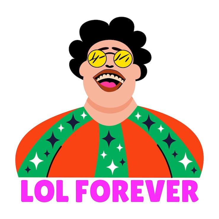 Vector flat style sticker of a laughing character with lol forever typography