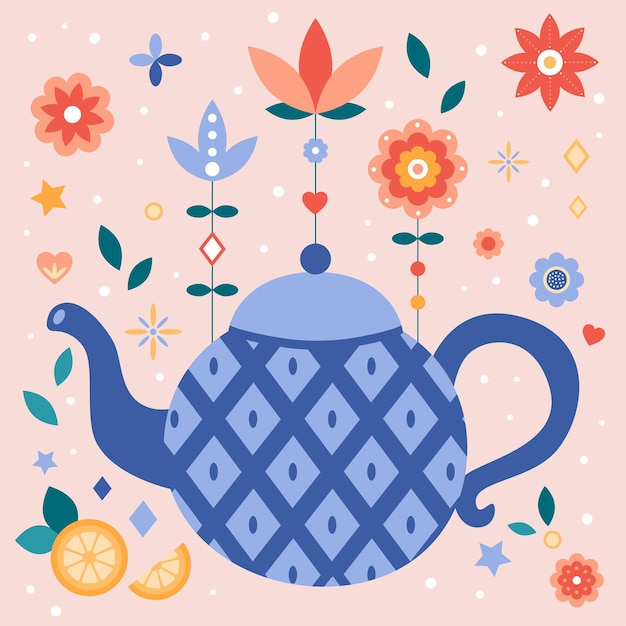 Flat style teapot with blue rhombus