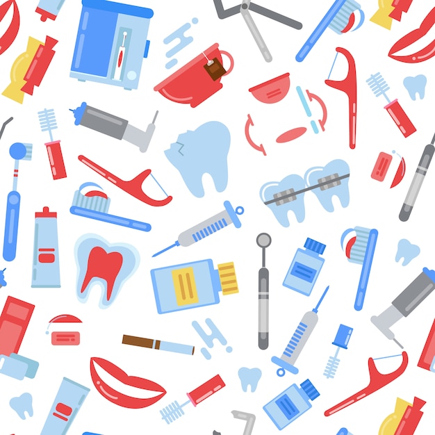 flat style teeth hygiene pattern. Illustration of dentistry hygiene, toothbrush and toothpaste, stomatology care