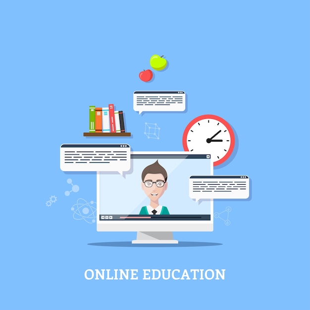 Vector flat style template design for online webinar, distant education technology concept