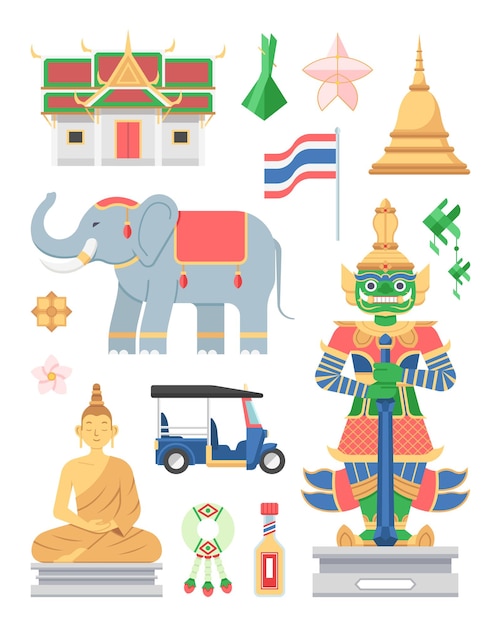 Flat style thailand elements set vector illustration