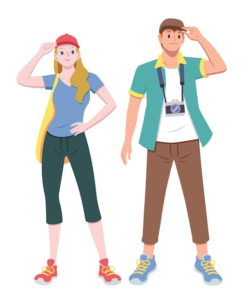 Flat style tourist couple cartoon illustration