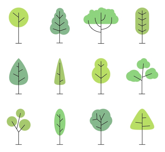 Set di icone di alberi a stile piatto piante naturali di alberi forestali