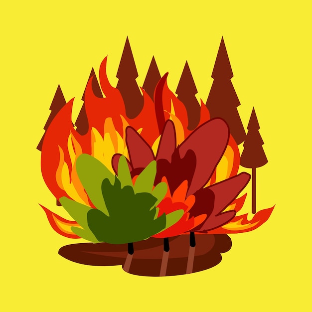 Vettore illustrazione vettoriale in stile piatto di un falò con una foresta sullo sfondo e un grande fuoco