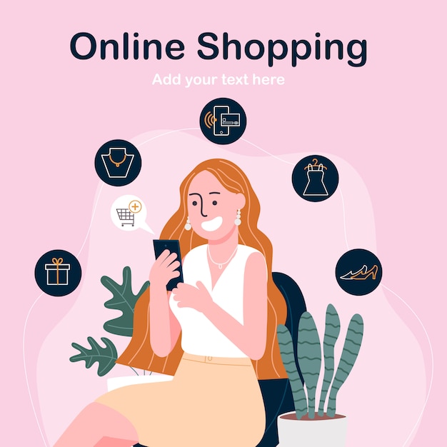 Flat style vector illustration of cartoon character happy woman shopping online on smartphone.