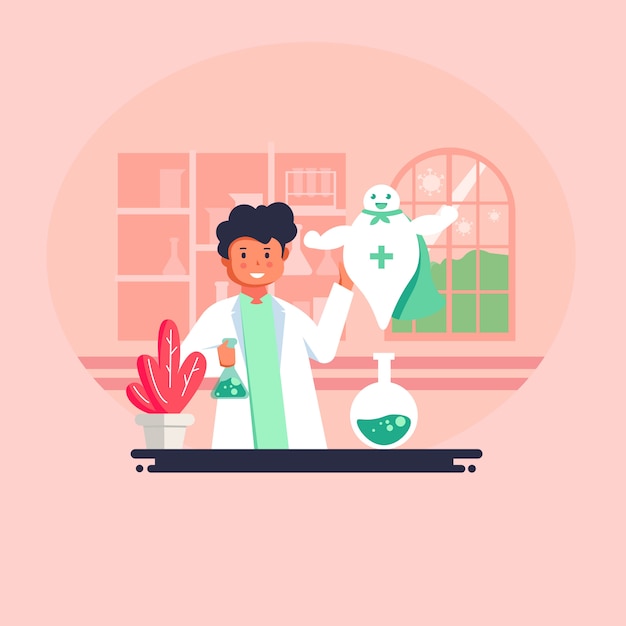 Flat style vector illustration. discovery of a virus vaccine