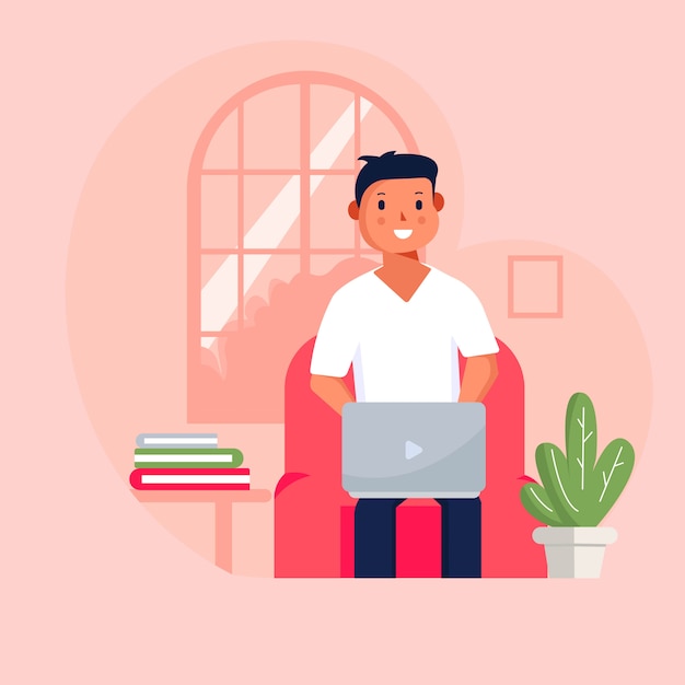 Flat style vector illustration. study at home . people studying online using computer.