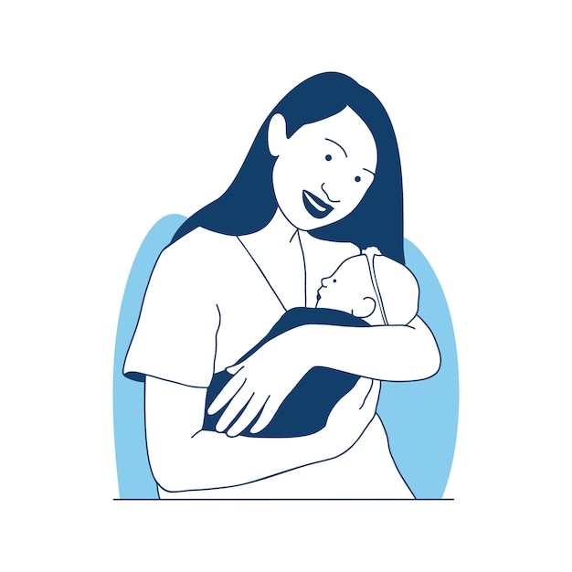 Flat style vector illustration a young mother and newborn baby sleeping